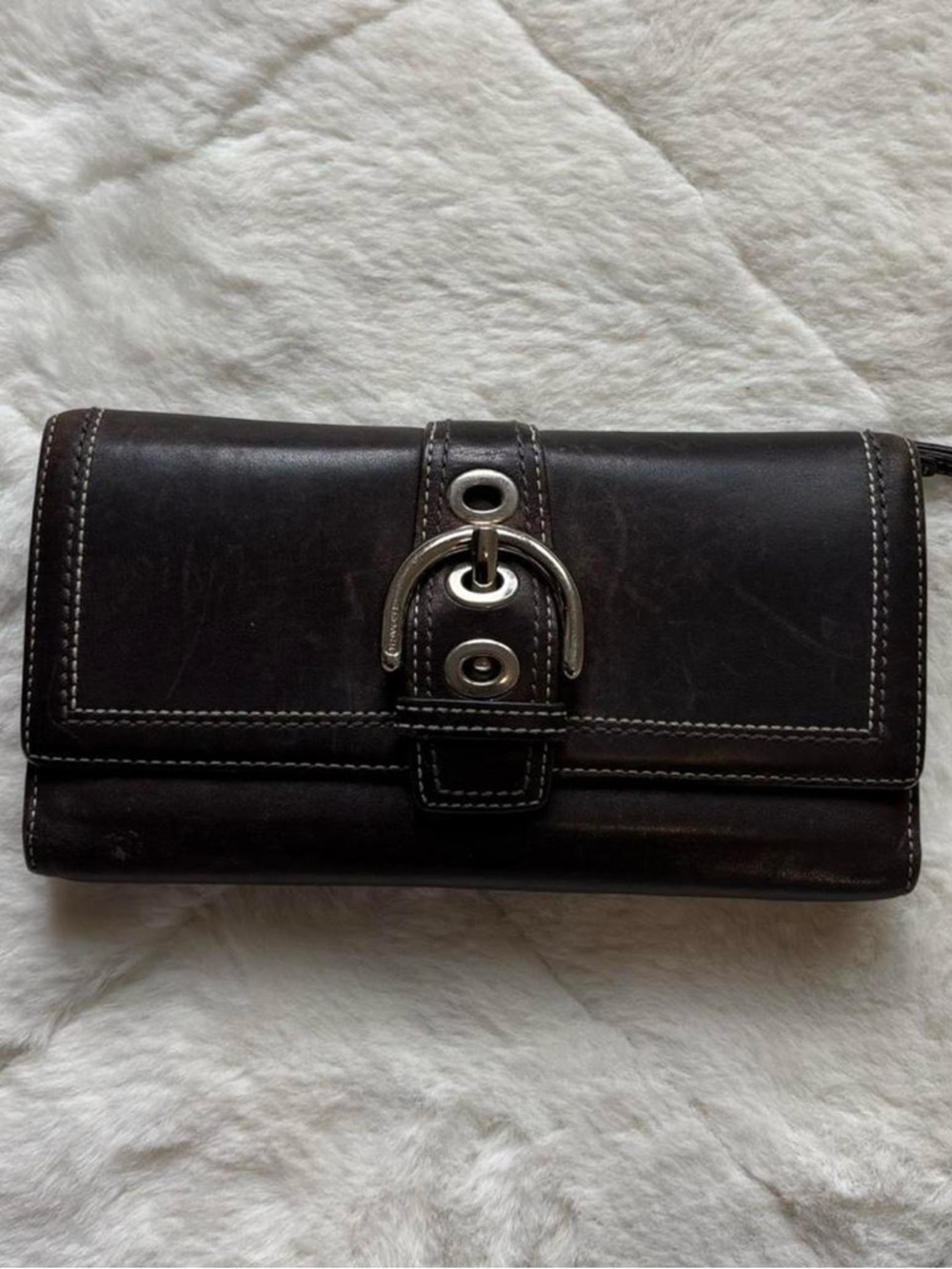 Coach Dark Brown Leather Buckle Wallet